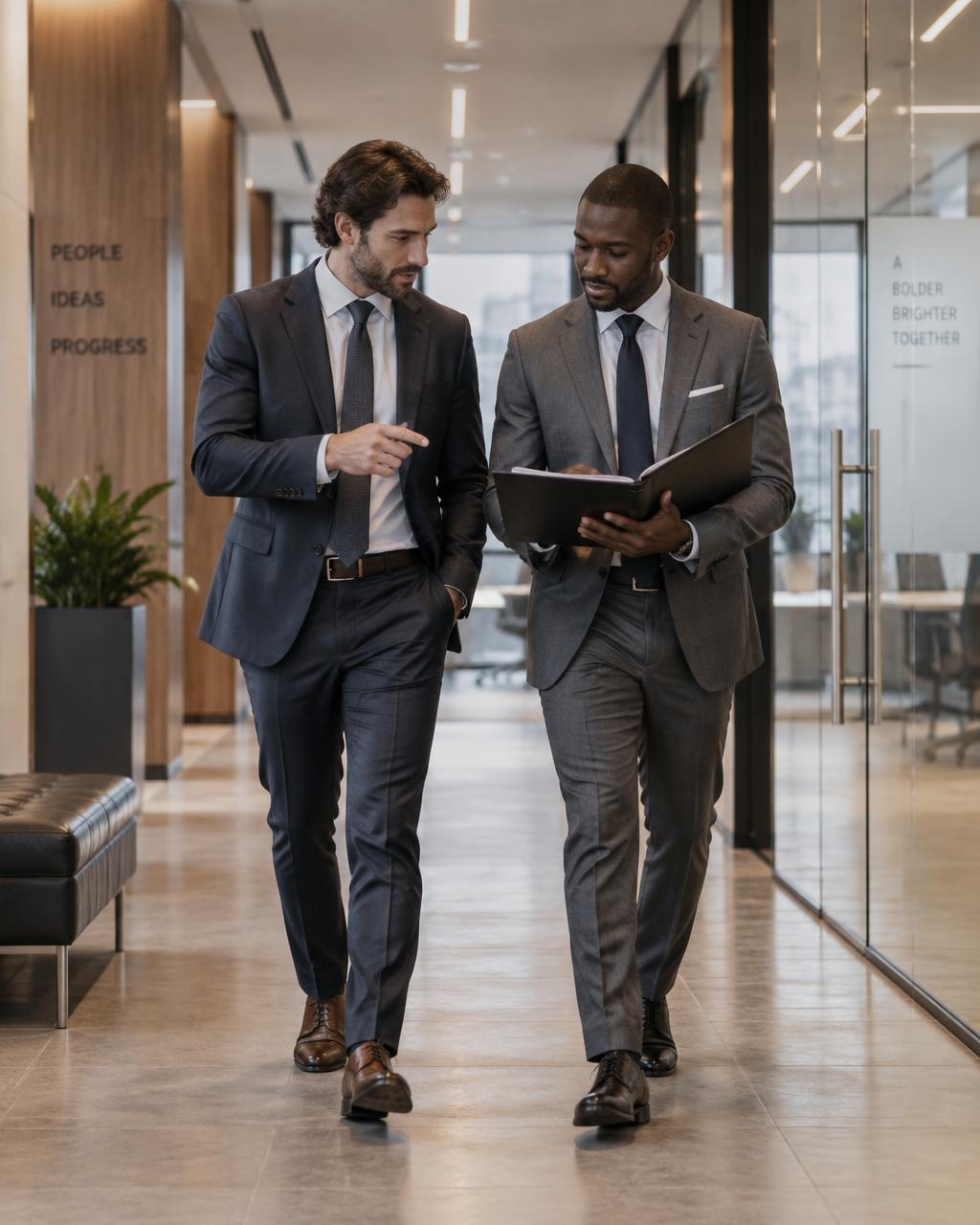 Two consultants reviewing documents while walking down a hallway